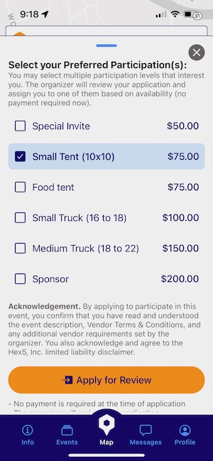 Select booth or participation type