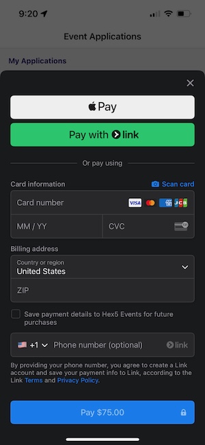 In-app payment screen (Apple Pay, card, Link)